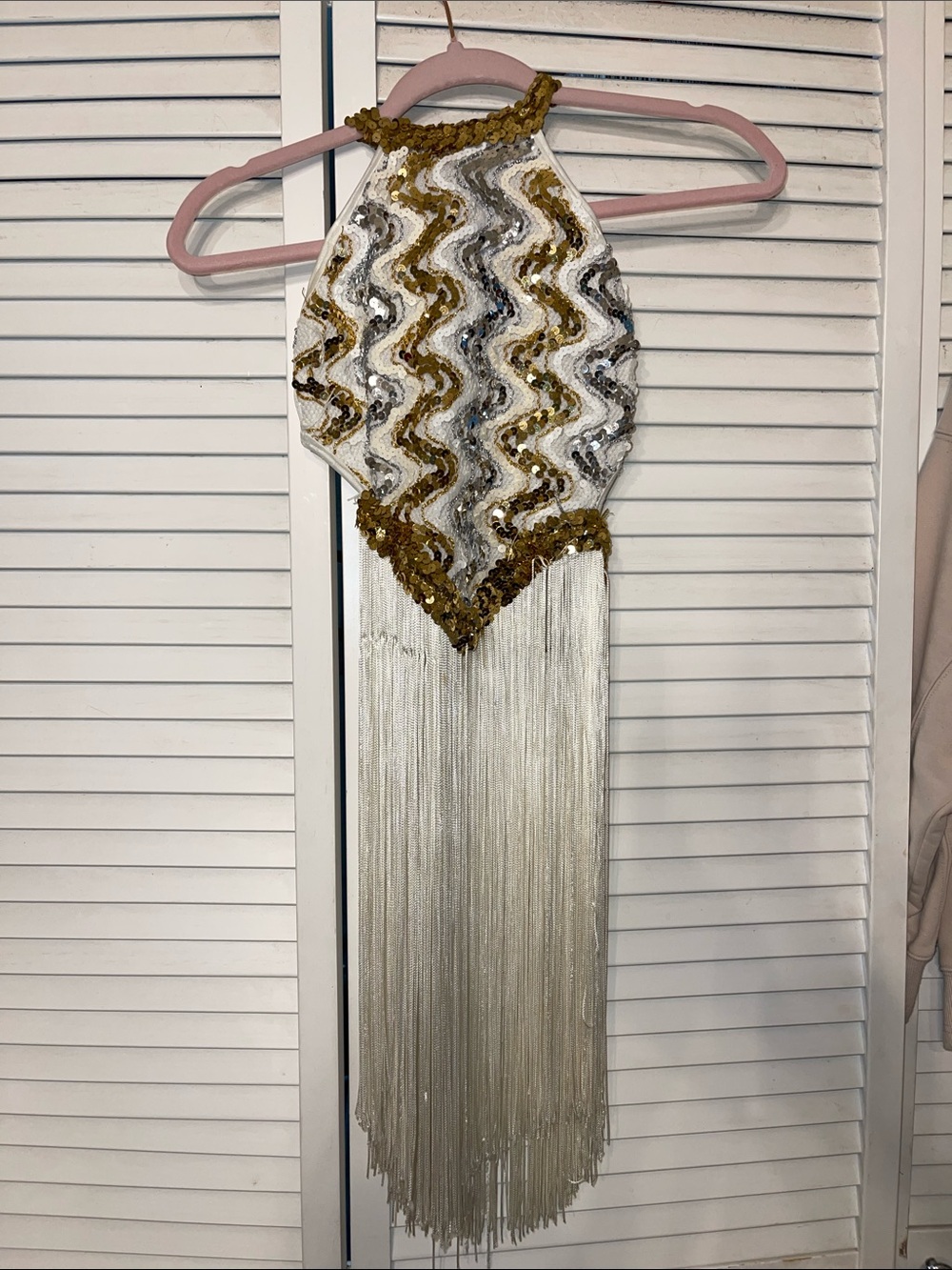 Sequin Fringe Halter Top in White and Gold
